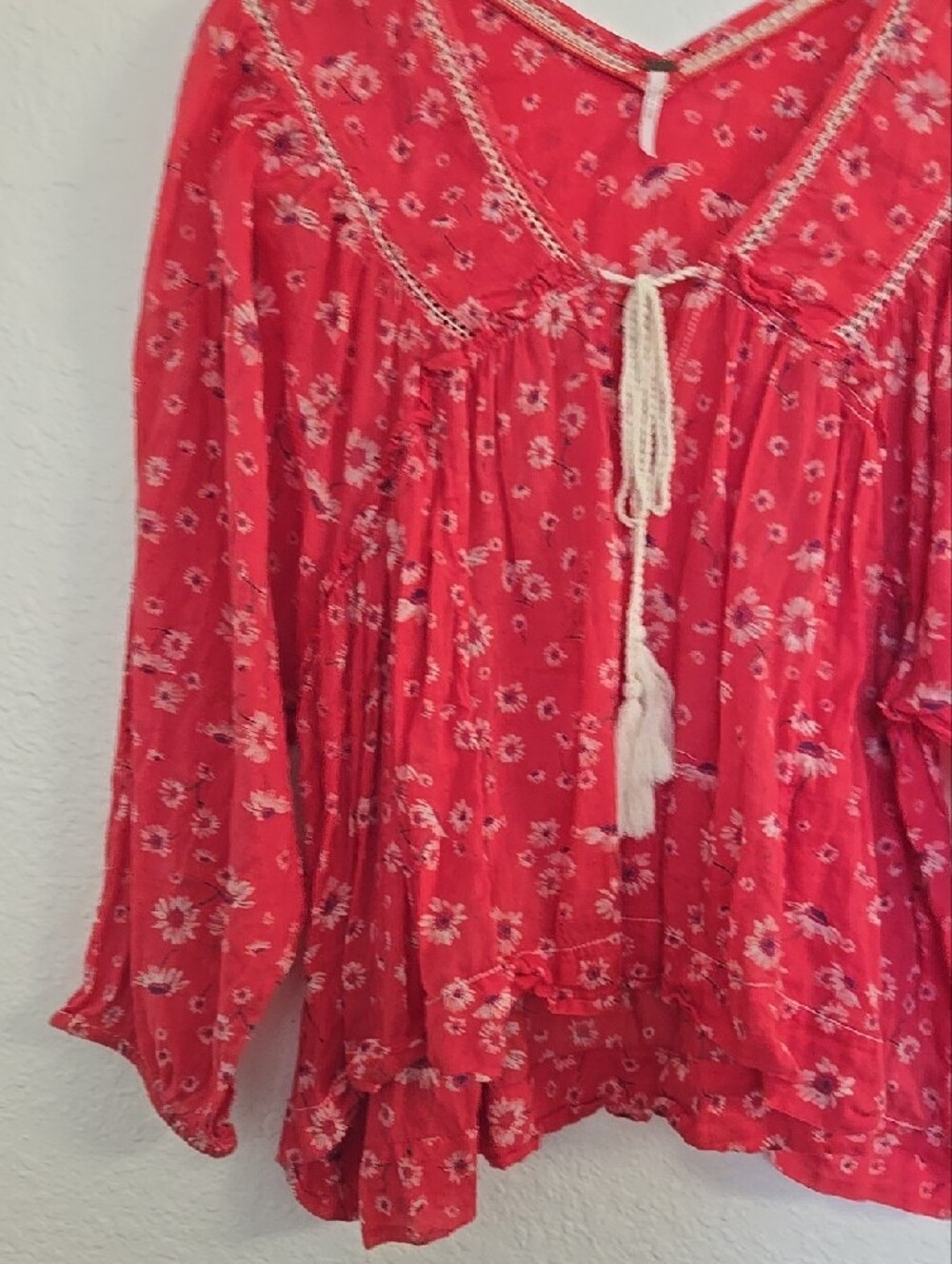 Free People Red Floral Boho Peasant Tunic with Tassel Tie - Picture 6 of 8